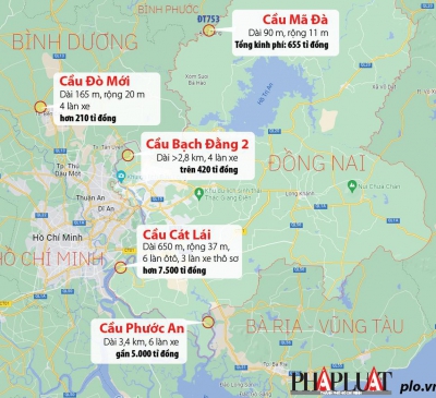 Vị trí 5 cây cầu kết nối Đồng Nai với TP.HCM và các tỉnh Đông Nam Bộ