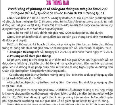 Công ty CP Phát triển đường cao tốc Biên Hoà - Vũng Tàu (BVEC) thông báo